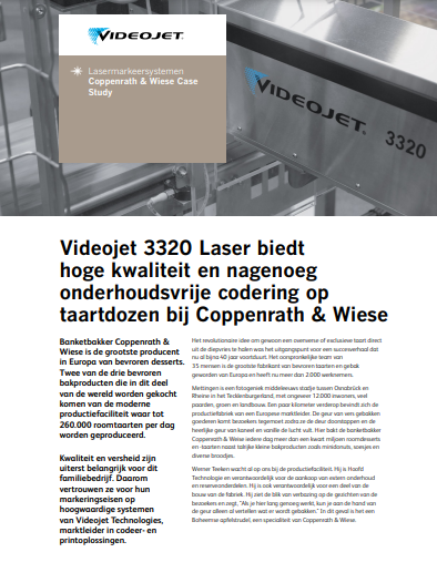 Videojet 3320 CO2-Laser Printer biedt
hoge kwaliteit en nagenoeg
onderhoudsvrije codering op
taartdozen bij Coppenrath & Wiese